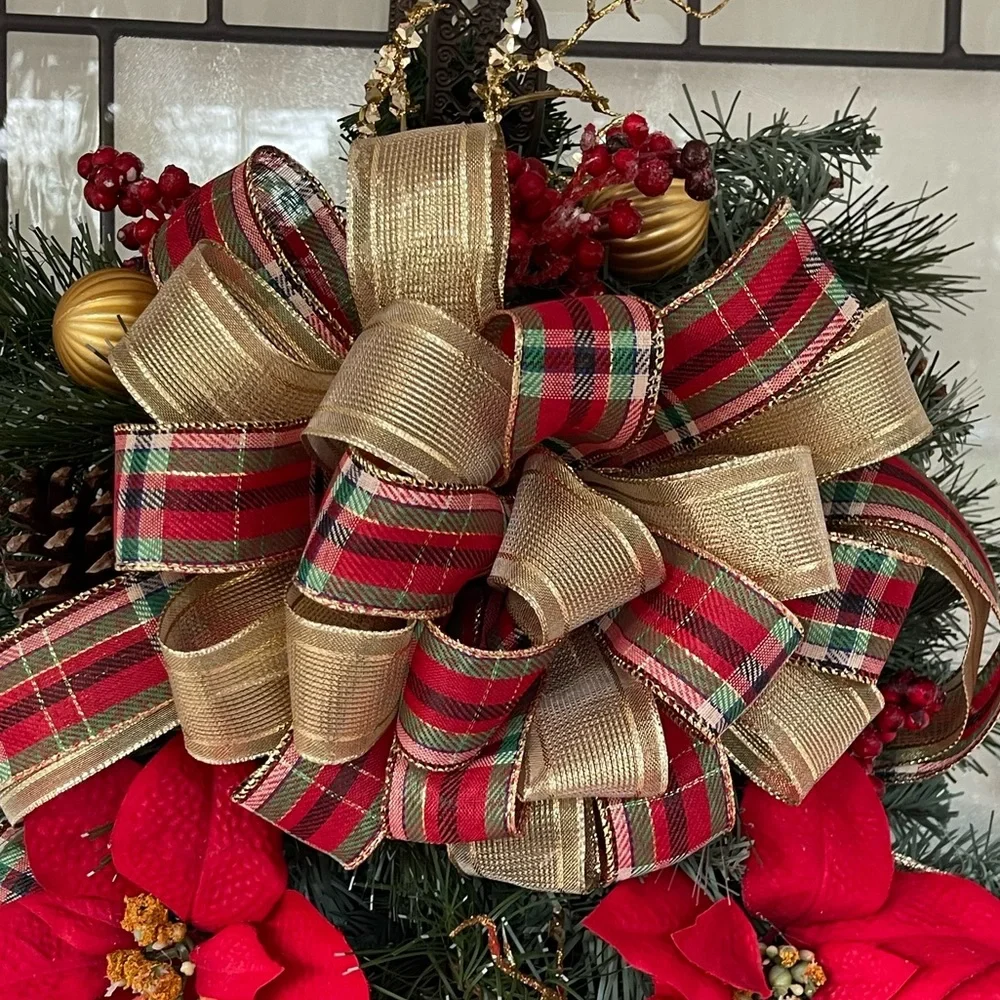 **Red Poinsettia Christmas Teardrop Swag Wreath Front door